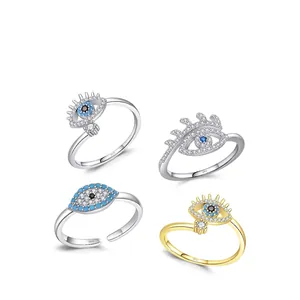 925 Sterling Silver Evil Eye Adjustable Open Ring For Women With Zircon Turquoise Color Micro Pave Trendy Jewelry