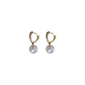 Elegant gold plated zircon heart earrings with round white pearls for women