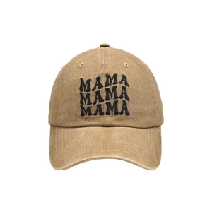 Detail of vintage washed khaki baseball cap with 3D MAMA embroidery and curved brim