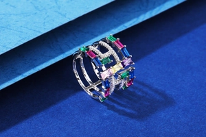 Detailed view of wide hollow S925 silver ring with colorful rectangular zircon stones