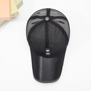 Unisex black breathable mesh trucker hat with long visor and square logo patch