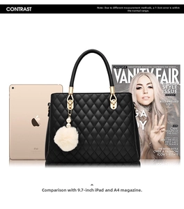 Quilted black tote bag size comparison with A4 magazine and a 9.7-inch tablet device