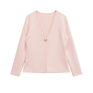 Close-up of a pink long-sleeve knit cardigan featuring a V-neck and decorative gold button