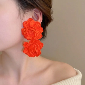 Elegant oversized red fabric flower drop earrings in double layered rose design for women