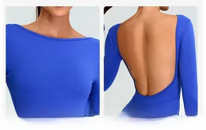 Detail view of the deep square neckline and low open back design on a blue yoga bodysuit