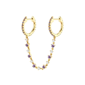 Detail of 14K gold double hoop ear chain with inlaid purple and white gemstones