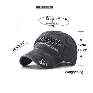 Detailed measurement view of a washed cotton baseball cap with 3D New Orleans embroidery