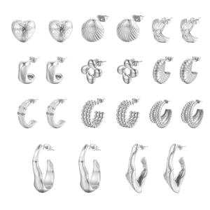 Silver geometric C-shaped earrings set with various minimalist abstract patterns