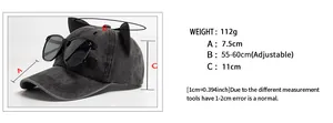 Detailed size chart for gray washed baseball cap with cat ears and sunglasses decor