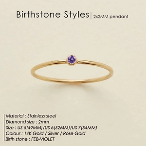 Minimalist stainless steel ring with a round violet February birthstone in 14K gold finish