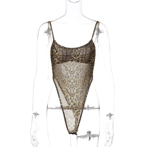 Detail of leopard print sheer bodysuit set with thin straps and mesh fabric texture
