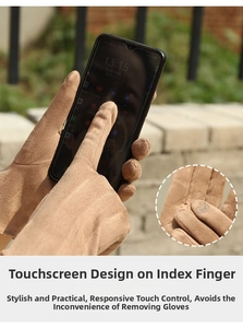 Close-up of touch screen compatible fingertip on camel suede winter glove with phone