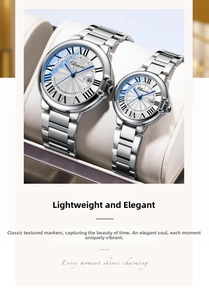 Detail of couple watches with white Roman dial, blue hands, and date window on watch pillows