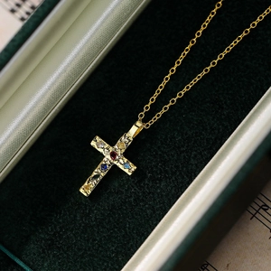 Golden s925 silver cross necklace with hammer texture and colorful zircon in velvet box