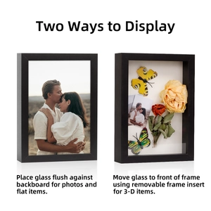 Detail of black shadow box frame showing dual display modes for photos and 3D items