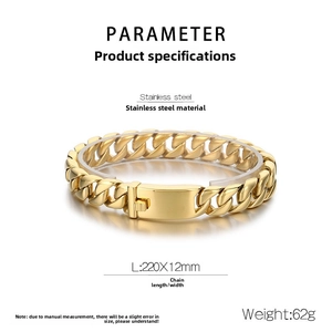 Polished 12mm golden stainless steel Cuban link bracelet for men with specs 220mm length
