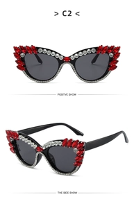 Macro detail of cat eye sunglasses with ruby rhinestones and silver crystal wings