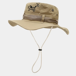 Detail of khaki outdoor sun hat featuring cute dog embroidery and adjustable windproof cord