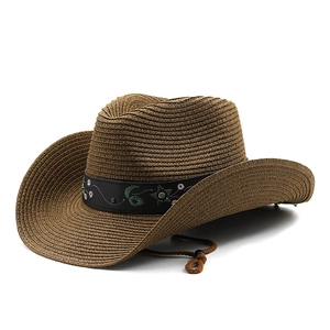Unisex brown straw cowboy hat with ethnic floral embroidery and adjustable chin strap