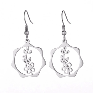 Elegant silver stainless steel flower drop earrings with hollow floral design