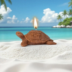 Realistische schildpad geurkaars met palmboom snijwerk op een tropisch zandstrand