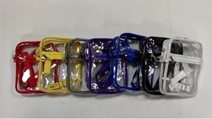 Detail view of multi-color waterproof transparent PVC crossbody bags with adjustable straps