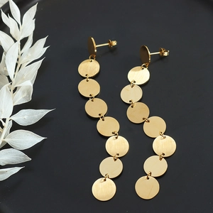 Modern gold titanium steel drop earrings with brushed round plates in Bali style