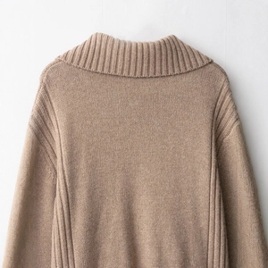 Women's camel ribbed knit cardigan featuring a stylish wide lapel collar and soft texture