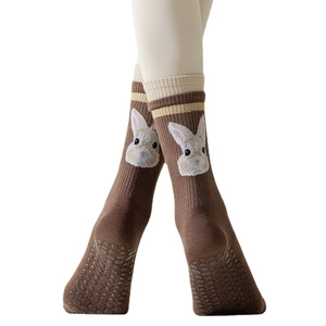 Women's cotton yoga five-toe socks with cute bunny pattern and anti-slip grip