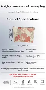 Détail de trousse à maquillage corail en lin fin avec dimensions de 25x17cm