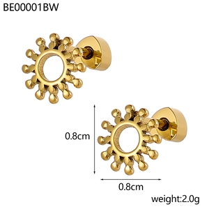 Detailed view of 0.8cm golden sunflower metal stud earrings with dimension and weight labels