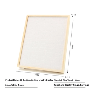 Detailed side view of 60-slot pine wood jewelry stand with white linen display panel