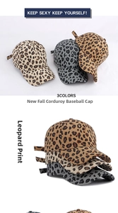 Detailed view of three corduroy leopard print baseball caps in various colors