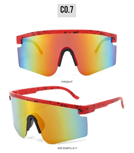 Dual view of sports sunglasses featuring red spray-painted frames and rainbow mirror lenses