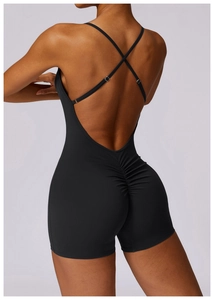 Close-up of black backless jumpsuit featuring cross straps and scrunch butt detail