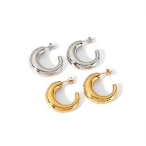 Polished chunky hollow C-shaped hoop earrings in gold and silver stainless steel