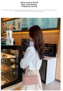 Pink double-layer crossbody bag with fringe detail shown in a casual cafe setting