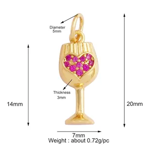 Pendentif verre à vin doré avec zircon cœur rouge, breloque 20mm pour bijoux DIY