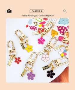 Detailed view of colorful enamel flower keychains with gold-plated lobster clasps