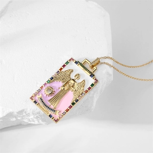Macro detail of XIV Temperance tarot pendant with pink enamel and colorful crystals