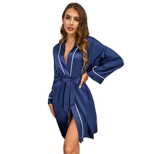 Elegant navy blue silk satin bathrobe for women with white piping and belted waist