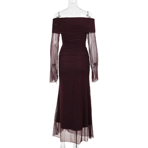 Back view of burgundy off-shoulder mesh dress with elegant ruched details and sheer sleeves