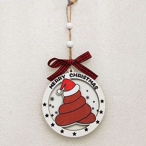 Close-up of wooden Christmas ornament with poo emoji, plaid bow, and twine string