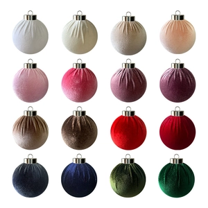 Set of 16 multicolor velvet fabric Christmas ball ornaments with silver caps in a grid