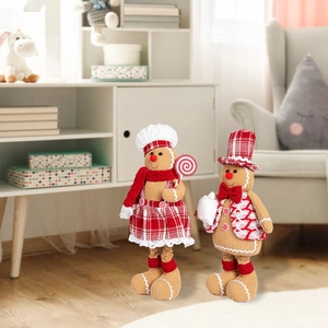 Pair of cute Christmas gingerbread plush dolls with chef hats and telescopic legs