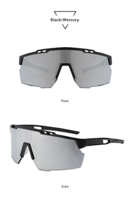 Front and side views of black matte sports sunglasses with mercury reflective lenses