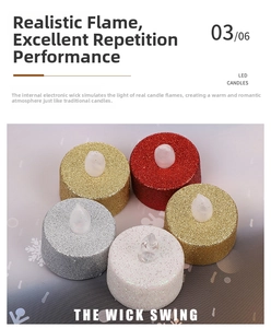 Macro detail of LED tea lights with glitter coating and realistic flickering flame effects