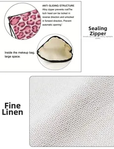 Detailed view of leopard print linen cosmetic bag featuring alloy non-slip zipper