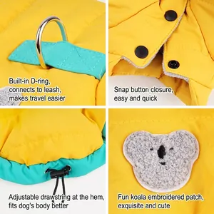 Gepolsterte Winterjacke für Hunde in Gelb mit D-Ringen und niedlichem Koala-Aufnäher