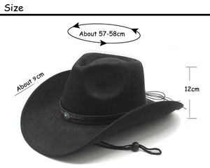 Black faux suede cowboy hat with braided band and turquoise bead showing size measurements